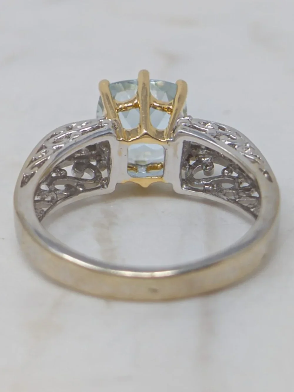 14K Two Tone Gold Aquamarine Diamond Ring approx. 2ct Cushion Size 6.5